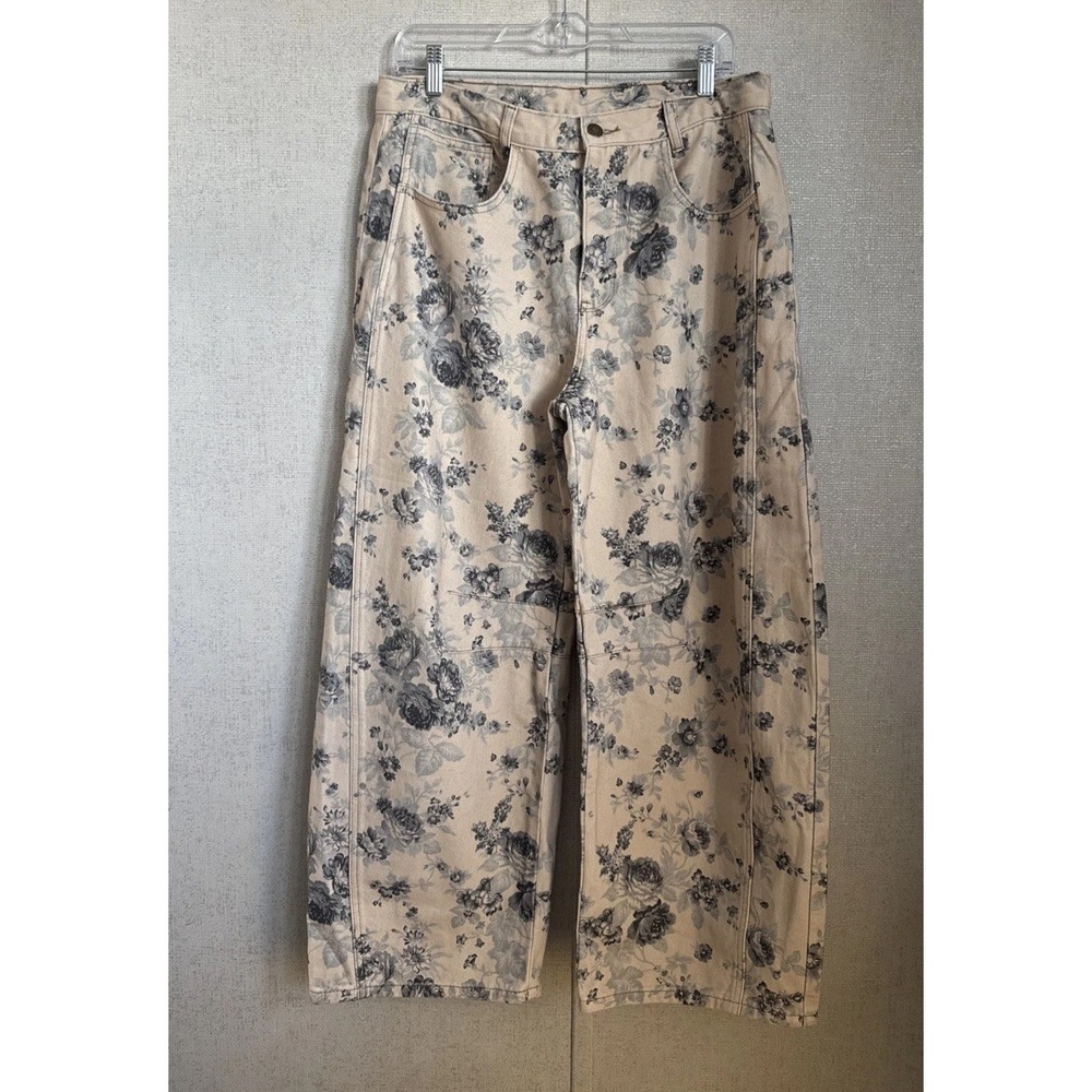 Peach Love Classic Cream Black Floral Print Barrel High Rise Ankle Jeans Size L